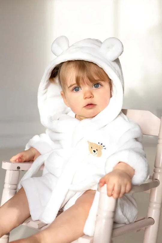 COZY Bear Hooded Dressing Gown Bear Ears - White