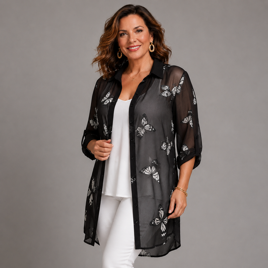 Long Length Chiffon Blouse / Shirt with Butterfly Print