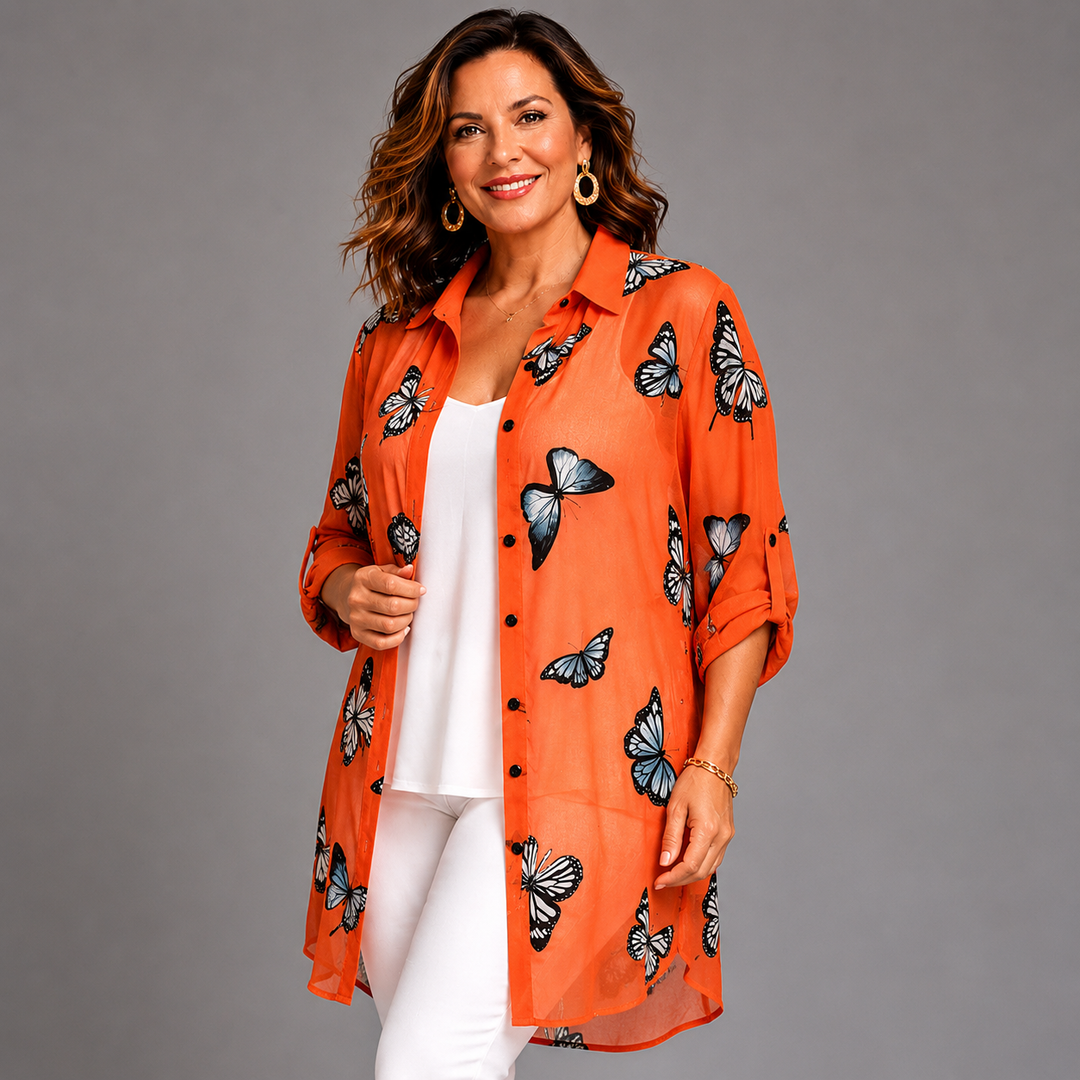 Long Length Chiffon Blouse / Shirt with Butterfly Print