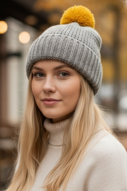 Brooklyn LIght Grey  Beanie With Mustard Pom Pom