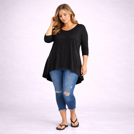 Plain 3/4 Sleeve Dipped Hem Top