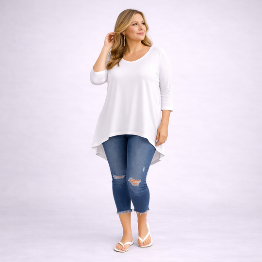 Plain 3/4 Sleeve Dipped Hem Top