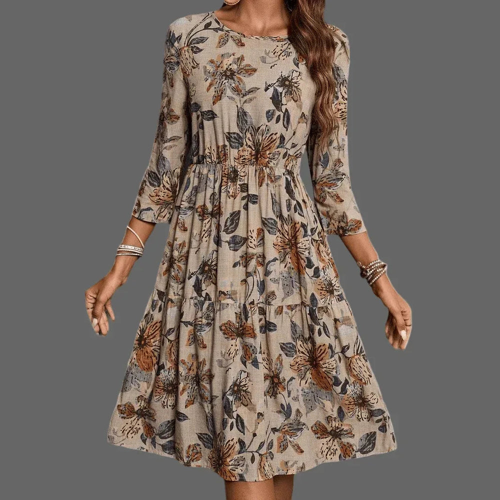 Women's Casual Floral Printed Cotton Linen Mid-Length Dress