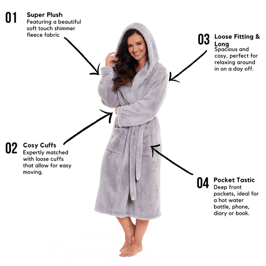 OLIVIA ROCCO Hooded Robe Women Grey Velvet Touch Fleece Luxuriously Soft Durable