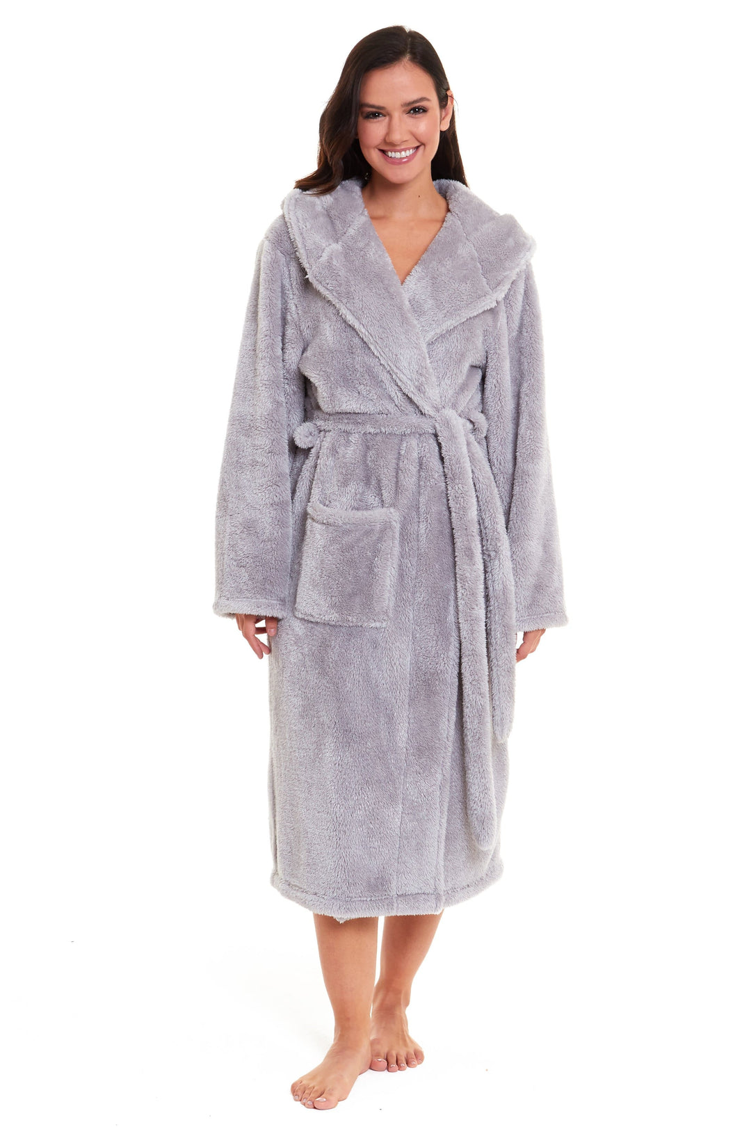 OLIVIA ROCCO Hooded Robe Women Grey Velvet Touch Fleece Luxuriously Soft Durable