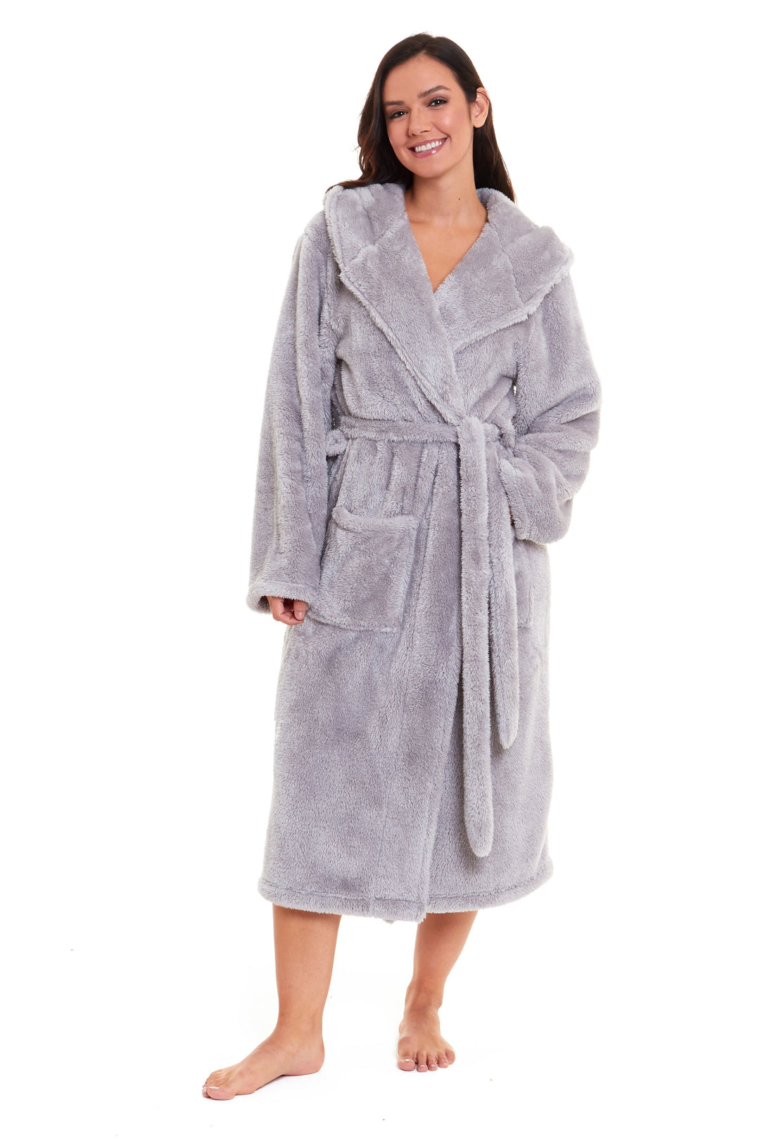 OLIVIA ROCCO Hooded Robe Women Grey Velvet Touch Fleece Luxuriously Soft Durable
