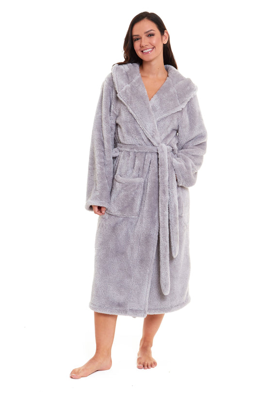 OLIVIA ROCCO Hooded Robe Women Grey Velvet Touch Fleece Luxuriously Soft Durable