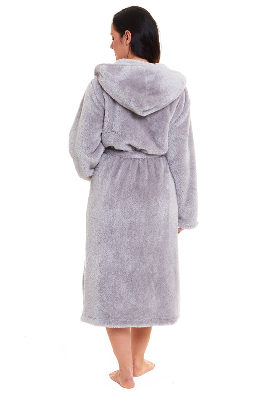 OLIVIA ROCCO Hooded Robe Women Grey Velvet Touch Fleece Luxuriously Soft Durable