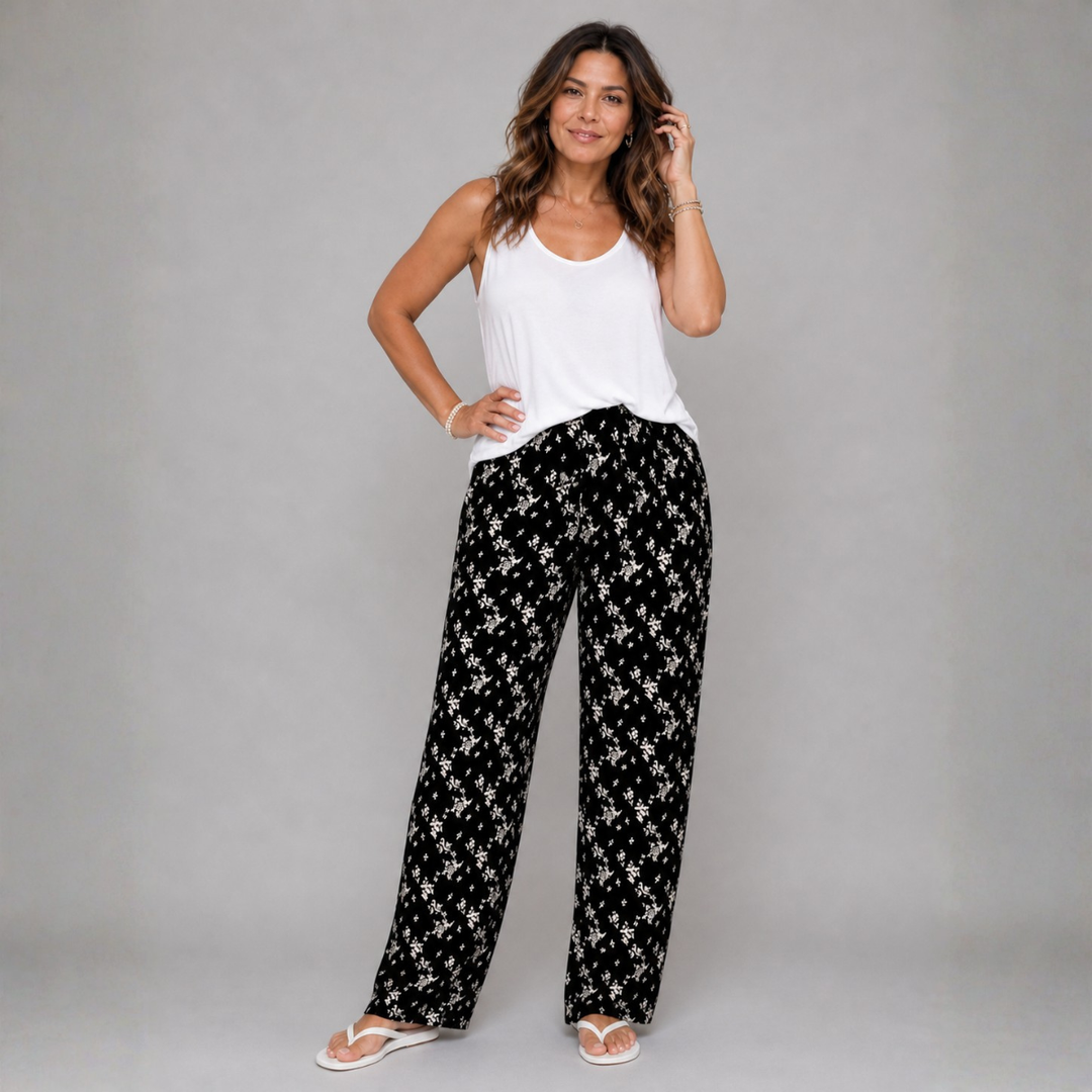 Black White Floral Elastic Waist Trousers