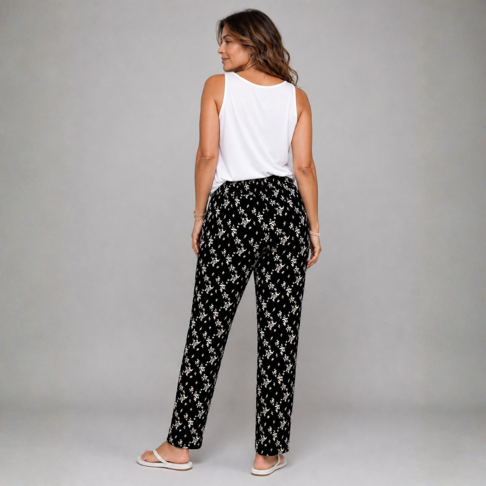 Black White Floral Elastic Waist Trousers
